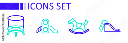 Set line Slide playground, Horse in saddle swing, and Jumping trampoline icon. Vector