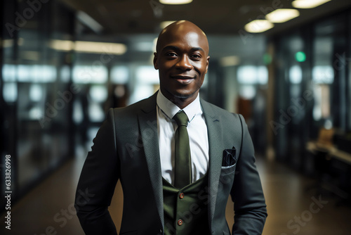 black businessman smiling and standing in office, successful, confident