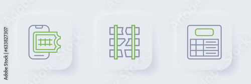 Set line Train station board, Broken or cracked railway and Online ticket booking icon. Vector