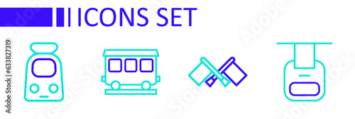 Set line Cable car, Flag, Passenger train cars and Train and railway icon. Vector