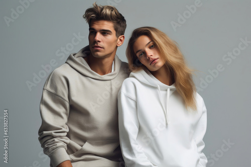 Stylish Couple Gazing into the Distance on a Grey Background