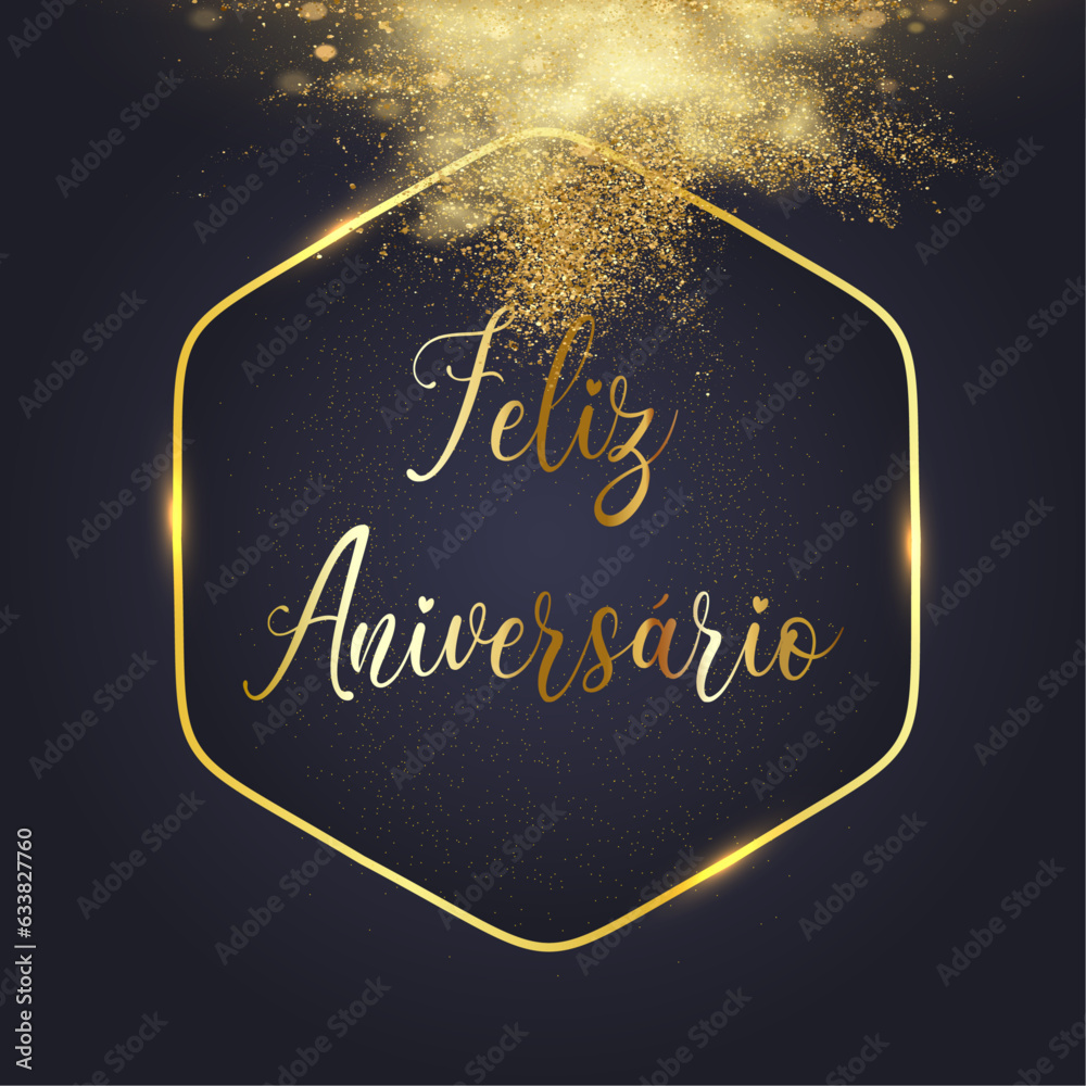 cartão ou banner para desejar um feliz aniversário em ouro em um hexágono dourado sobre um fundo preto com uma nuvem de glitter dourado