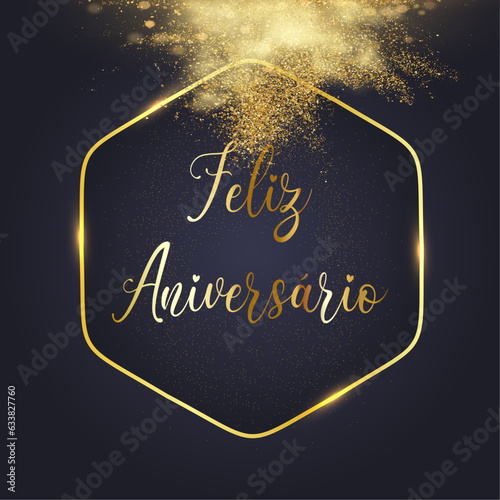 cartão ou banner para desejar um feliz aniversário em ouro em um hexágono dourado sobre um fundo preto com uma nuvem de glitter dourado