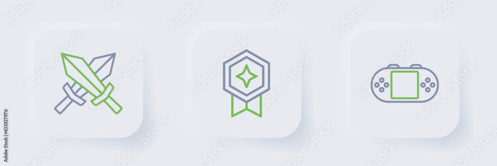 Set line Portable video game console, Game rating with medal and Sword for icon. Vector Set line Portable video game console, Game rating with medal and Sword for icon. Vector