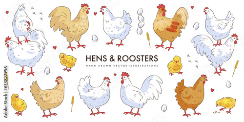 Set of hand drawn cute cartoon hens and roosters isolated on white background. Sketch doodle chicken collection. Farm bird. Poultry. Vector illustration