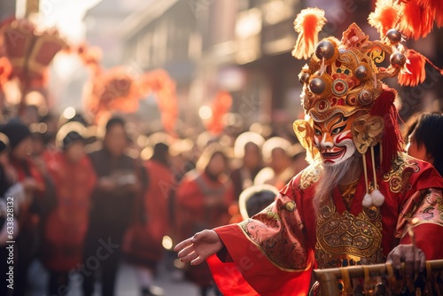 Chinese new year. Man at festival wearing traditional Chinese masked costume