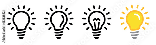  Light bulb icons collection. Llightbulb idea symbols in line and flat styles. Lamp icon set. Lamp electricity sign isolated. Vector	