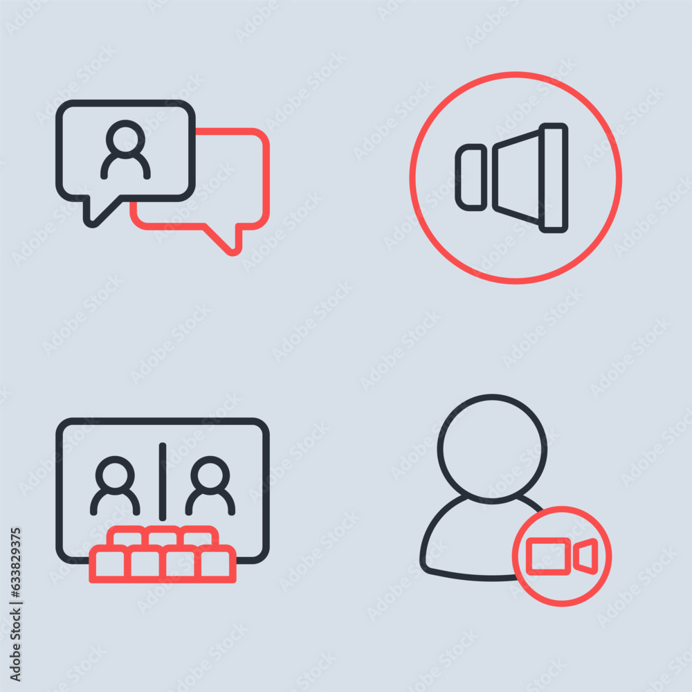 Set line Speaker volume, Video chat conference, and Speech bubble icon. Vector Set line Speaker volume, Video chat conference, and Speech bubble icon. Vector