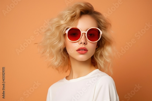 Sunglasses Sophistication: Pretty Model's Close-up on Beige