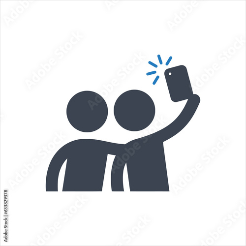 Person holding a smart phone taking a selfie with a friend icon