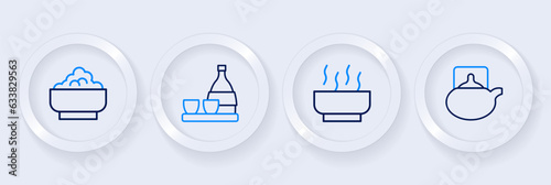 Set line Traditional tea ceremony, Ramen soup bowl, Bottle of sake and Rice in icon. Vector