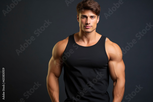 Sculpted Male Model in Sleek Black Tank Top on Neutral Background