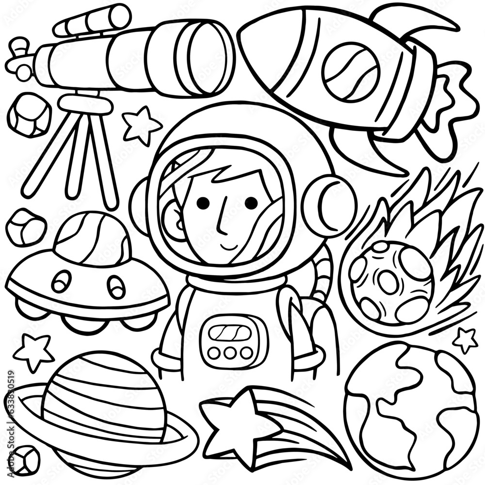 Obraz premium Astronaut Kawaii Doodle Line Art