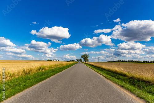 Road through a fields. Clouds on a blue sky.