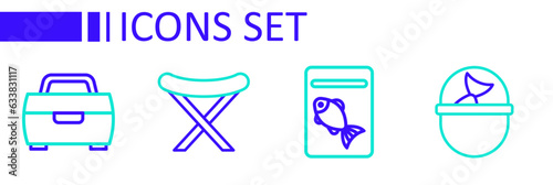 Set line Fishing bucket with fish, Served on plate, harpoon and hook icon. Vector