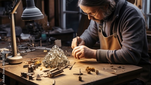 Jeweler makes jewelry in the workshop. Generative AI