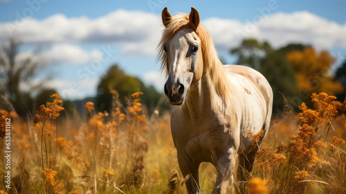 Horse Grazing with Wind-Swept Mane