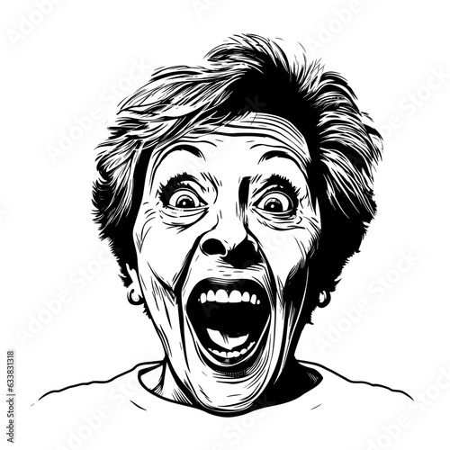 Excited emotional grandma with open mouth, Vintage woodcut engraving style vector illustration