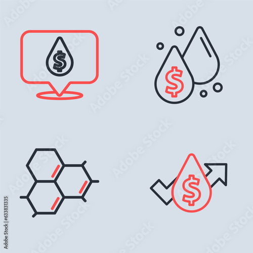 Set line Oil drop with dollar symbol, Molecule oil, price increase and icon. Vector
