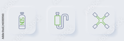 Set line Wheel wrench, Car muffler and Nitrous oxide icon. Vector