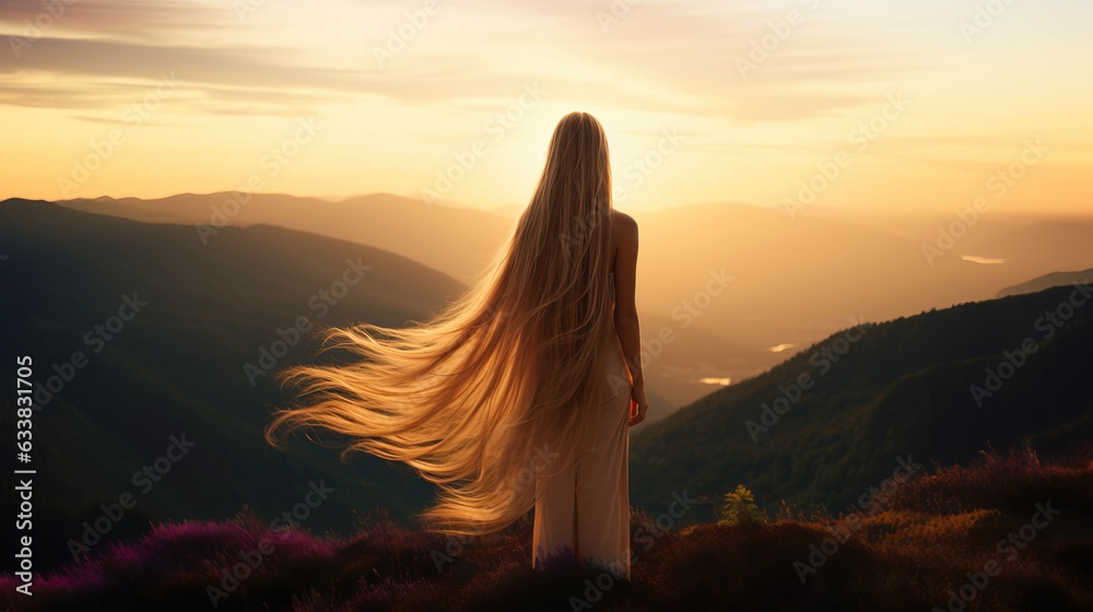 Back view of blonde woman with extremely long hair standing outside on mountain top at sunset, Generative AI Illustration