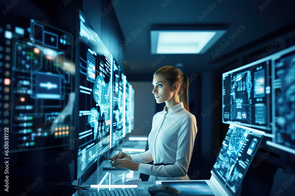Woman researcher using futuristic digital screen to analyze data , Generative AI illustration Woman researcher using futuristic digital screen to analyze data , Generative AI illustration
