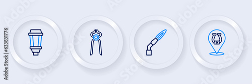 Set line Horseshoe, Welding torch, Blacksmith pliers tool and Garden light lamp icon. Vector
