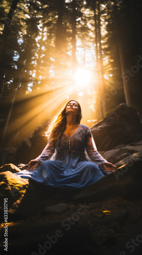 Woman meditating outdoor in the nature under the bright sunlight, Generative Ai illustration
