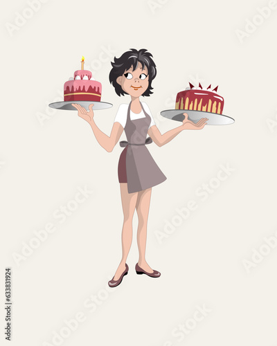cute cheerful waitress with cakes