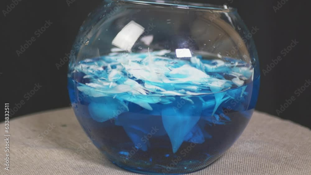 White peony petals float in a vase of blue water White peony petals float in a vase of blue water