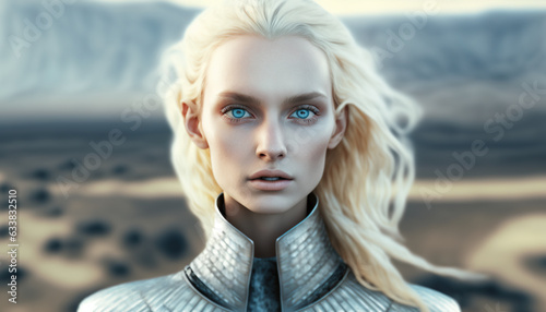 Beautiful Pleiadian, Nordic Extraterrestrial Humanoid Alien with blonde hair and blue eyes.  Made by Generative AI