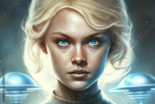 Beautiful Pleiadian, Nordic Extraterrestrial Humanoid Alien with blonde hair and blue eyes.  Made by Generative AI