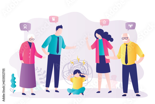 Child problems, family members around sad kid. Family people talking and swearing above stressed girl. Unhappy relationship, parents and grandparents pressure little kid.