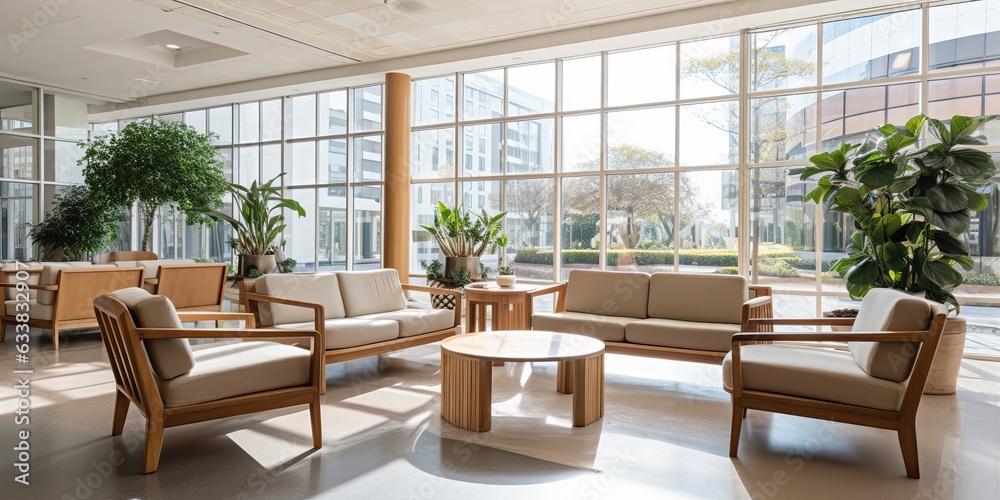 Fototapeta premium AI Generated. AI Generative. Architecture room hotel relax with comfortable sitting chairs. Can be used for business meeting 
