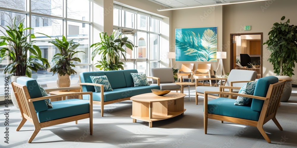 Fototapeta premium AI Generated. AI Generative. Architecture room hotel relax with comfortable sitting chairs. Graphic Art