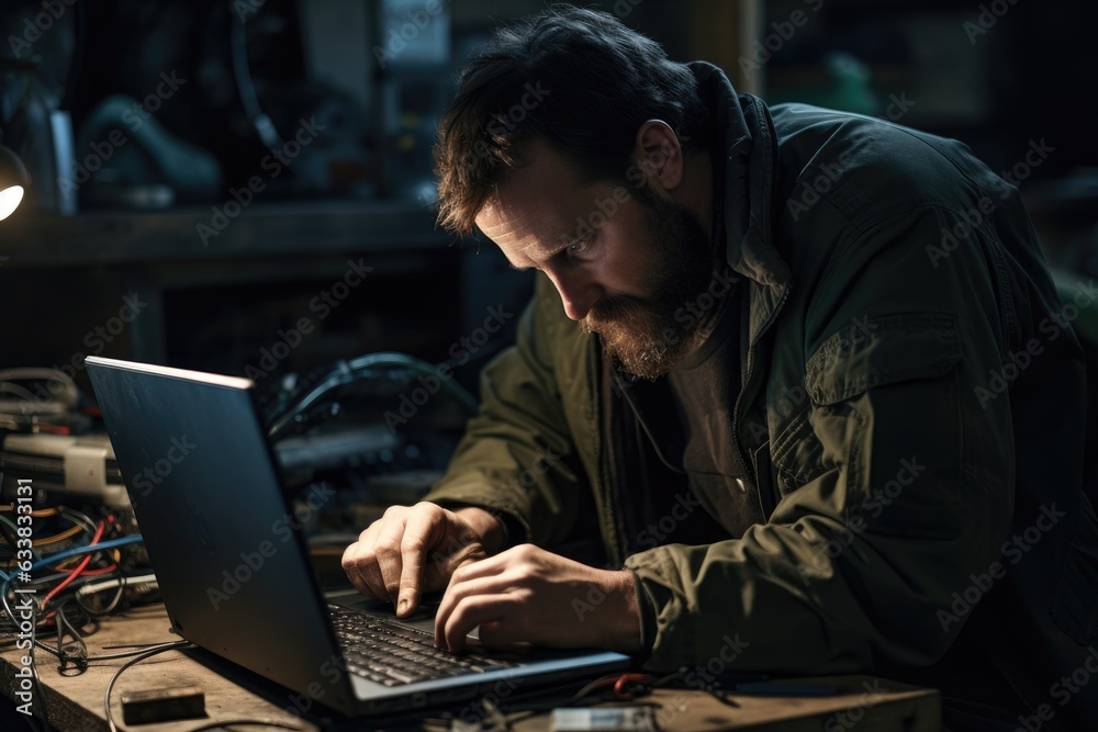 Specialist repairing laptop in workshop. Generative AI