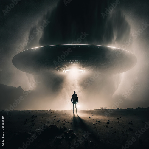 UFO flying saucer flies over people and highways.  Invasion of extraterrestrial intelligence on an intergalactic ship. Alien abduction. Created with Generative AI.