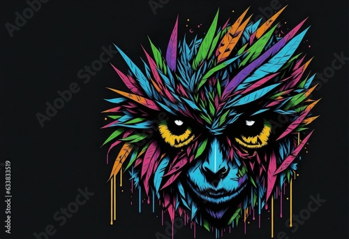 colorful graffiti illustration of a colorful face with dark background.