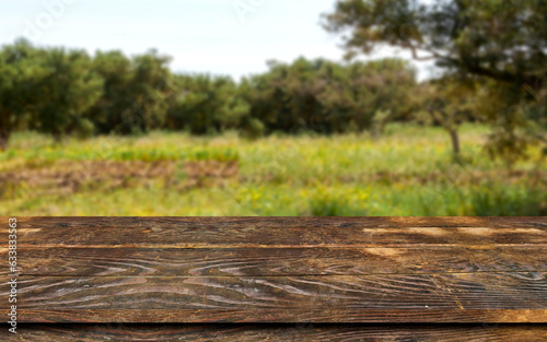 Empty wooden table with blur olives field, Mock up for display or montage of product,Banner or header for advertise on social media