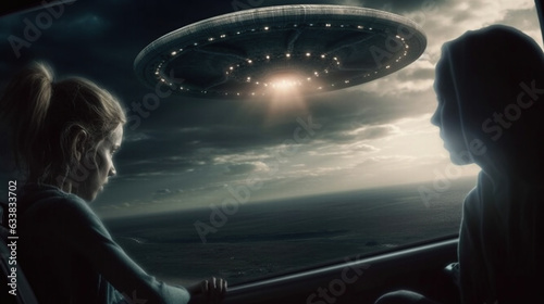 UFO flying saucer flies over people and highways.  Invasion of extraterrestrial intelligence on an intergalactic ship. Alien abduction. Created with Generative AI.