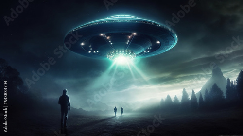 UFO flying saucer flies over people and highways.  Invasion of extraterrestrial intelligence on an intergalactic ship. Alien abduction. Created with Generative AI.