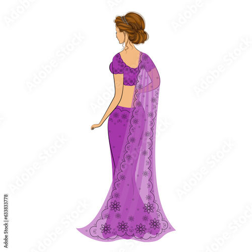 Silhouette is a sweet lady. The girl is dressed in a traditional sari, national Indian clothes. Young and beautiful woman. Vector illustration