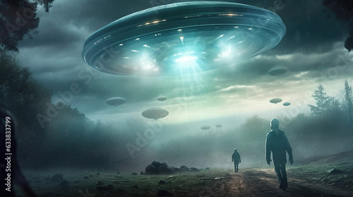 UFO flying saucer flies over people and highways. Invasion of extraterrestrial intelligence on an intergalactic ship. Alien abduction. Created with Generative AI.