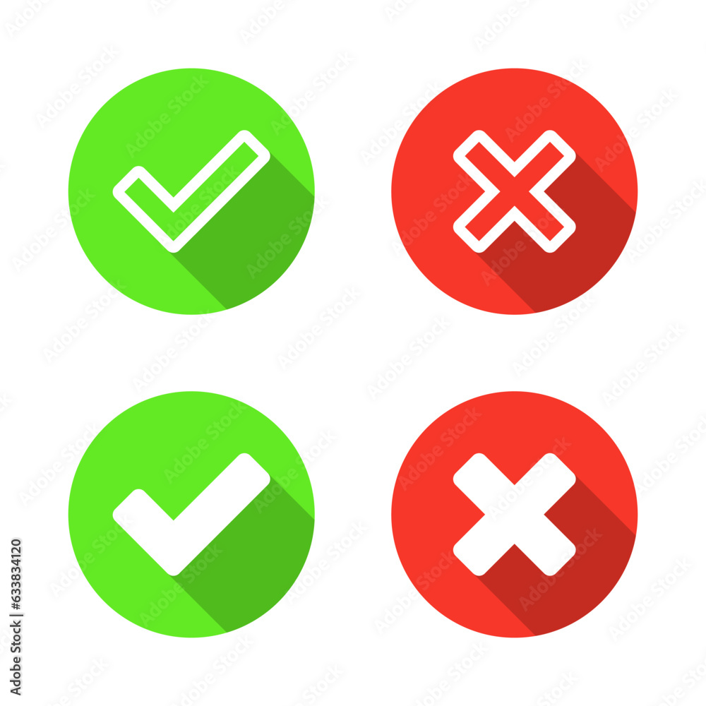 Checkmark and x cross mark icon vector in flat style. Approve and reject sign symbol Checkmark and x cross mark icon vector in flat style. Approve and reject sign symbol