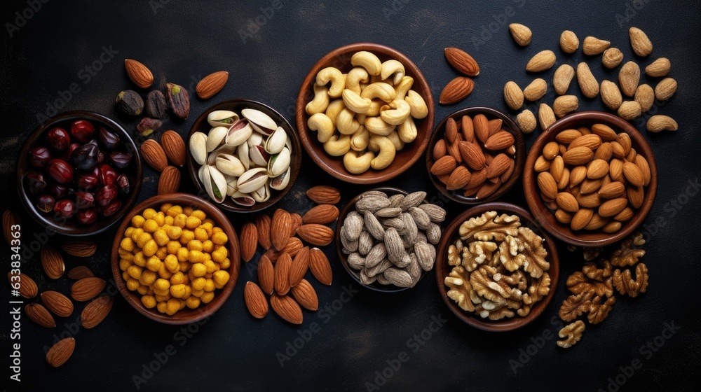 Mix of nuts in bowls on dark background. Top view. Healthy food concept. Mix of nuts in bowls on dark background. Top view. Healthy food concept.