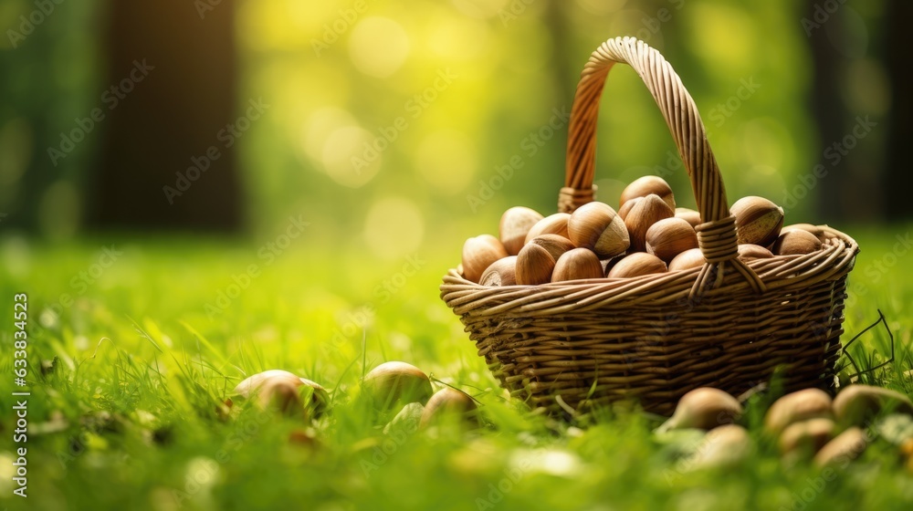 Basket with nuts on the grass in the forest. Basket with nuts on the grass in the forest.