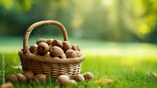 Basket with nuts on green grass.