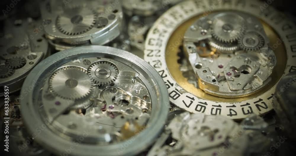 Retro style of old mechanical watches with gears and cogs. Watch or clock mechanisms, close-up. Clockwork details and parts, macro shots. Time or repair concept