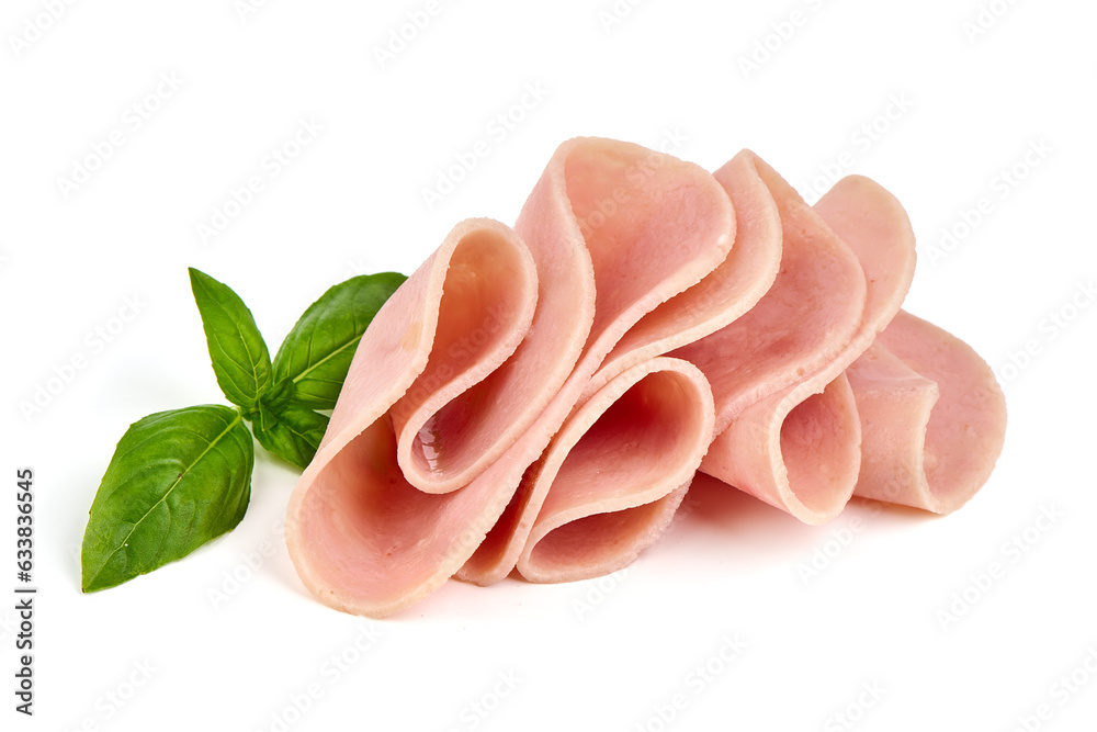 Thinly Sliced Ham, boiled sausage, isolated on white background. Thinly Sliced Ham, boiled sausage, isolated on white background.