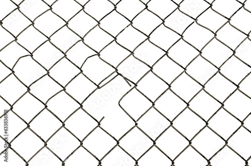 The texture of the metal mesh on a white background. Torn steel, metal mesh with holes